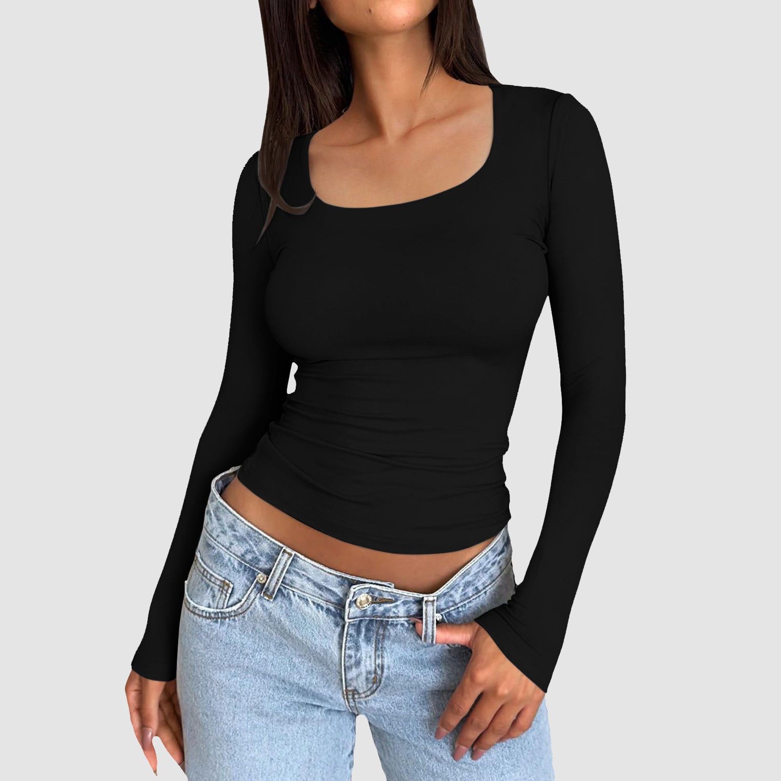 thumbnail image 2 of Tops ajustados para mujer: top corto de manga larga y cuello redondo, básico, ajustado, mezcla de poliéster, para entrenamiento/yoga/informal, tallas S-XL, 2 of 5